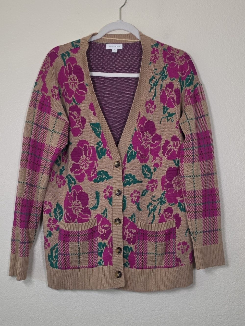Charter ClubFloral Plaid Button-Front Cardigan Sweater L